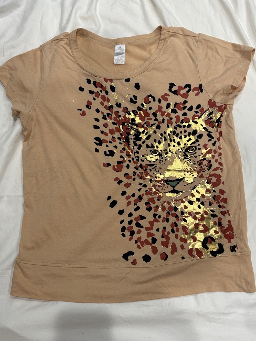 Women's Tan Short-Sleeve Graphic Tee with Metallic Gold animal Leopard print
